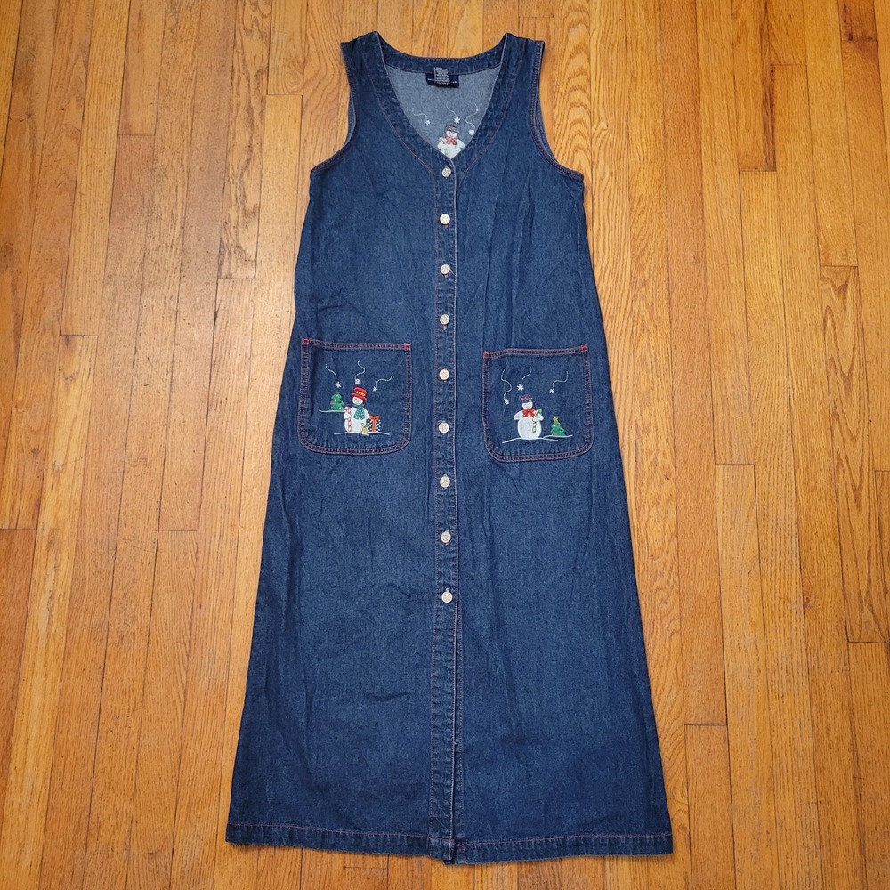 Vintage 8 Denim Jumper Blue Snowman Embroidered Christmas Maxi Jean Dress 90s